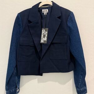 Women's Contrasting Denim Cropped Blazer - Future Collective Navy Blue NWT